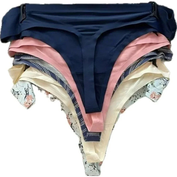 Lucky Brand L Navy-Pink-Cream Array Bonded Seams Ultralight Thong Panties-5 Pk - Picture 3 of 4